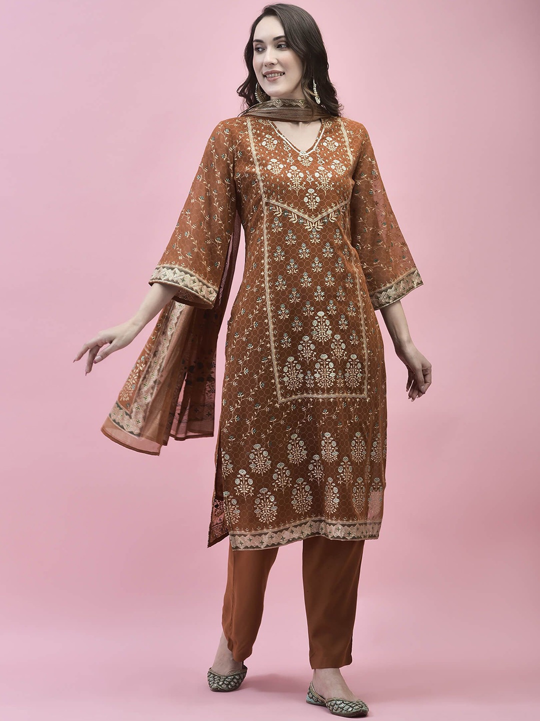

Shree Women Ethnic Motifs Printed Regular Kurta with Trousers & With Dupatta, Rust