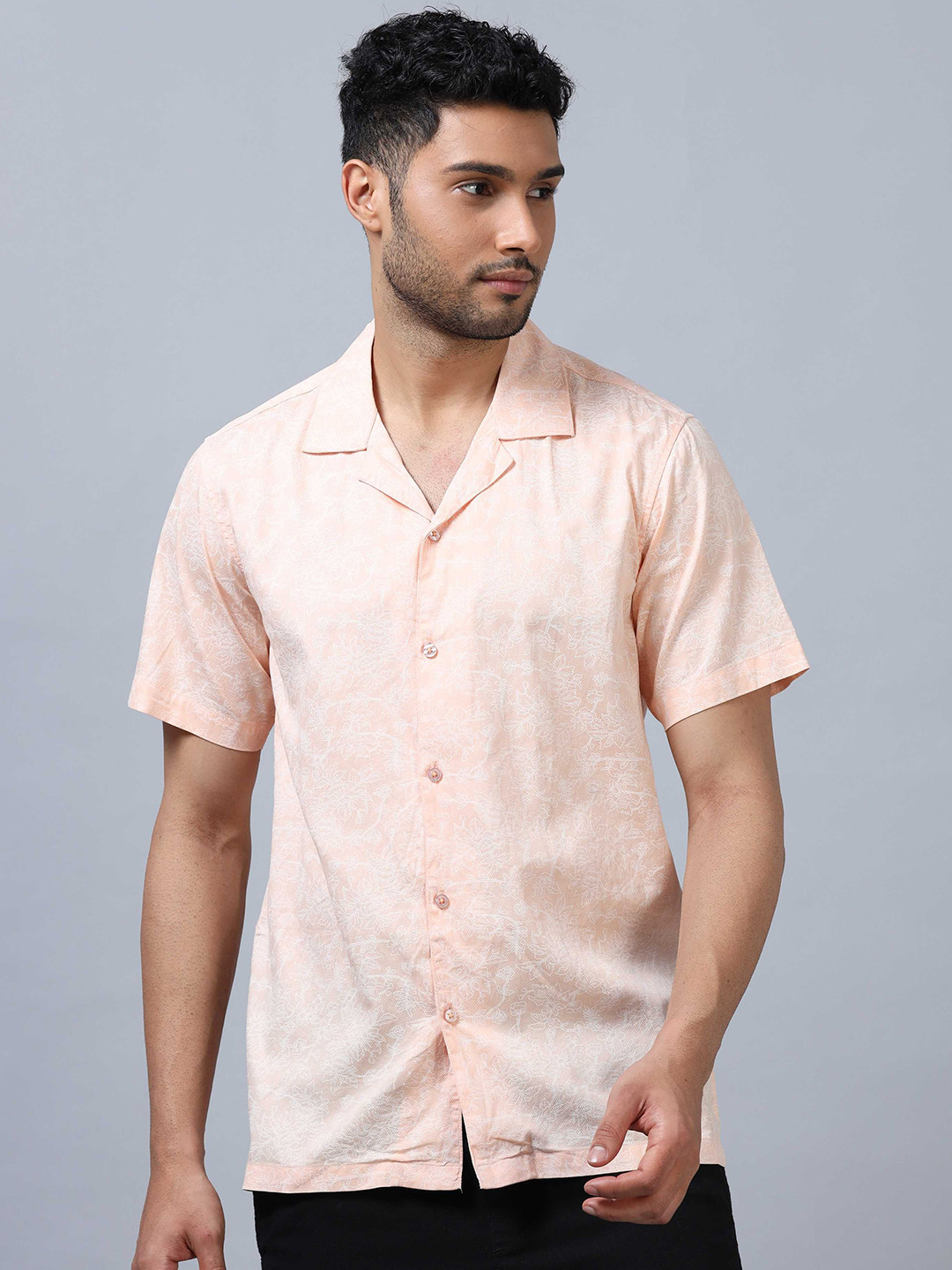 

SORATIA Men Cuban Collar Floral Printed Cotton Relaxed Fit Casual Shirt, Orange