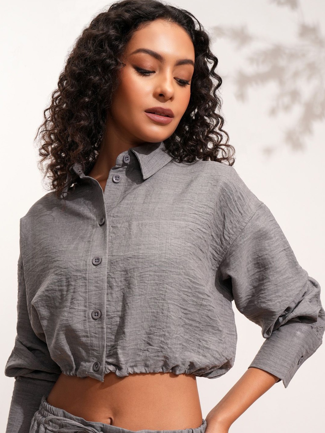 

Tokyo Talkies Women Solid Shirt Collar Top, Grey