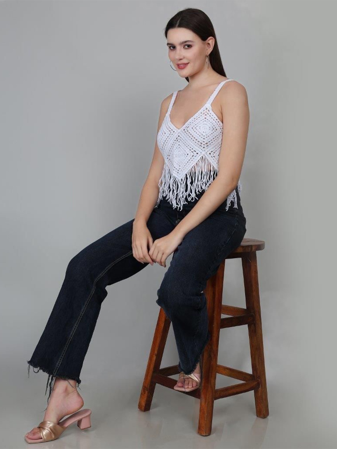 

Fabme Women Self Design Crochet Shoulder Straps Nylon Top, White
