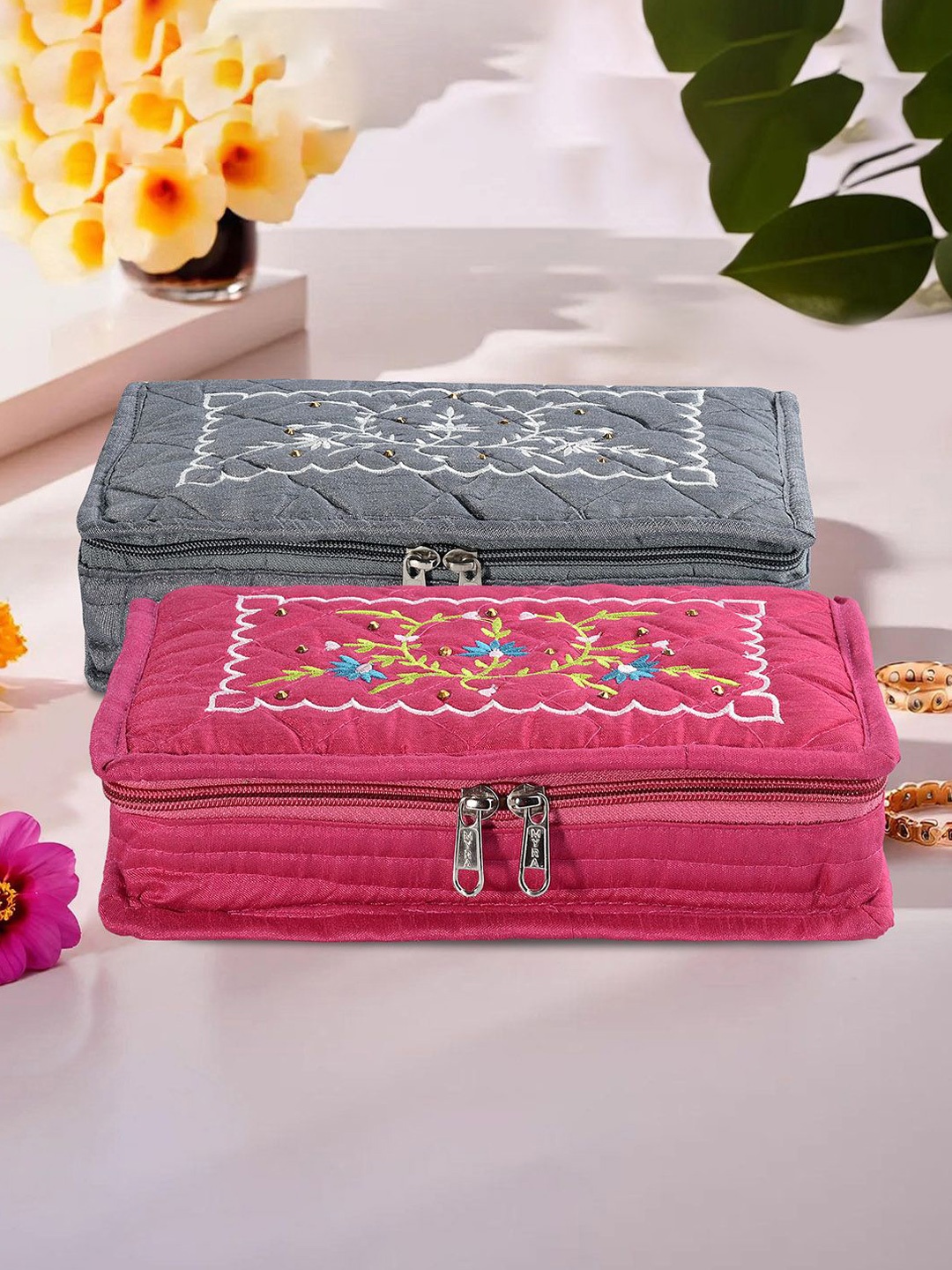 

Kuber Industries Grey & Pink 2 Pieces Self Design Jewellery Organisers