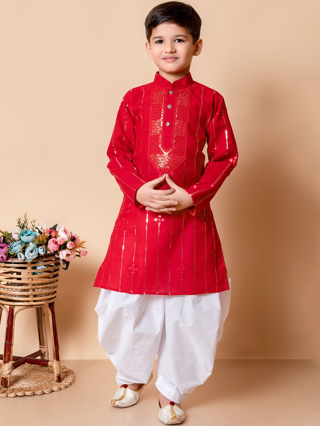 

NFC CREATION Boys Striped Embroidered Sequinned Straight Kurta With Patiala, Red