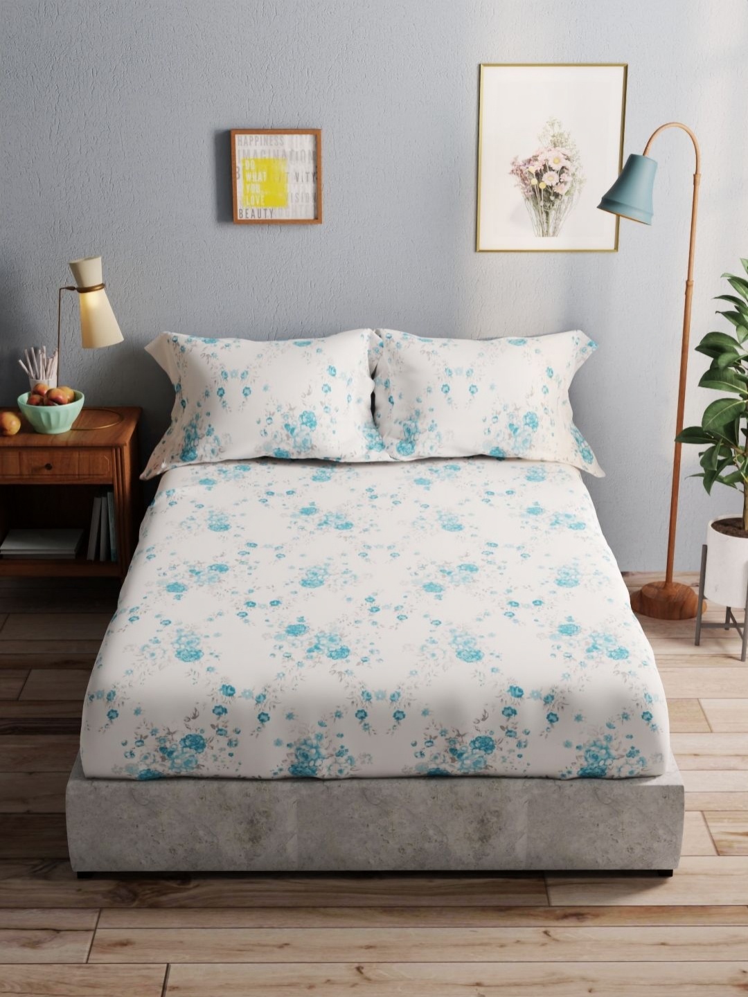 

BIANCA amolina Blue & White Floral Pure Cotton 140 TC Queen Bedsheet with 2 Pillow Covers