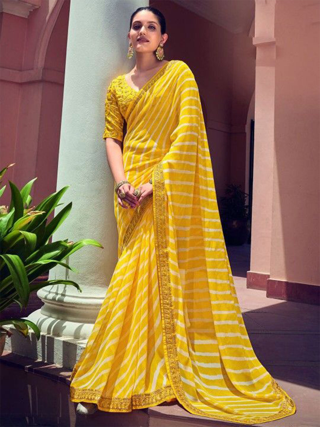 

LeeliPeeri Designer Leheriya Embroidered Poly Georgette Leheriya Saree, Yellow