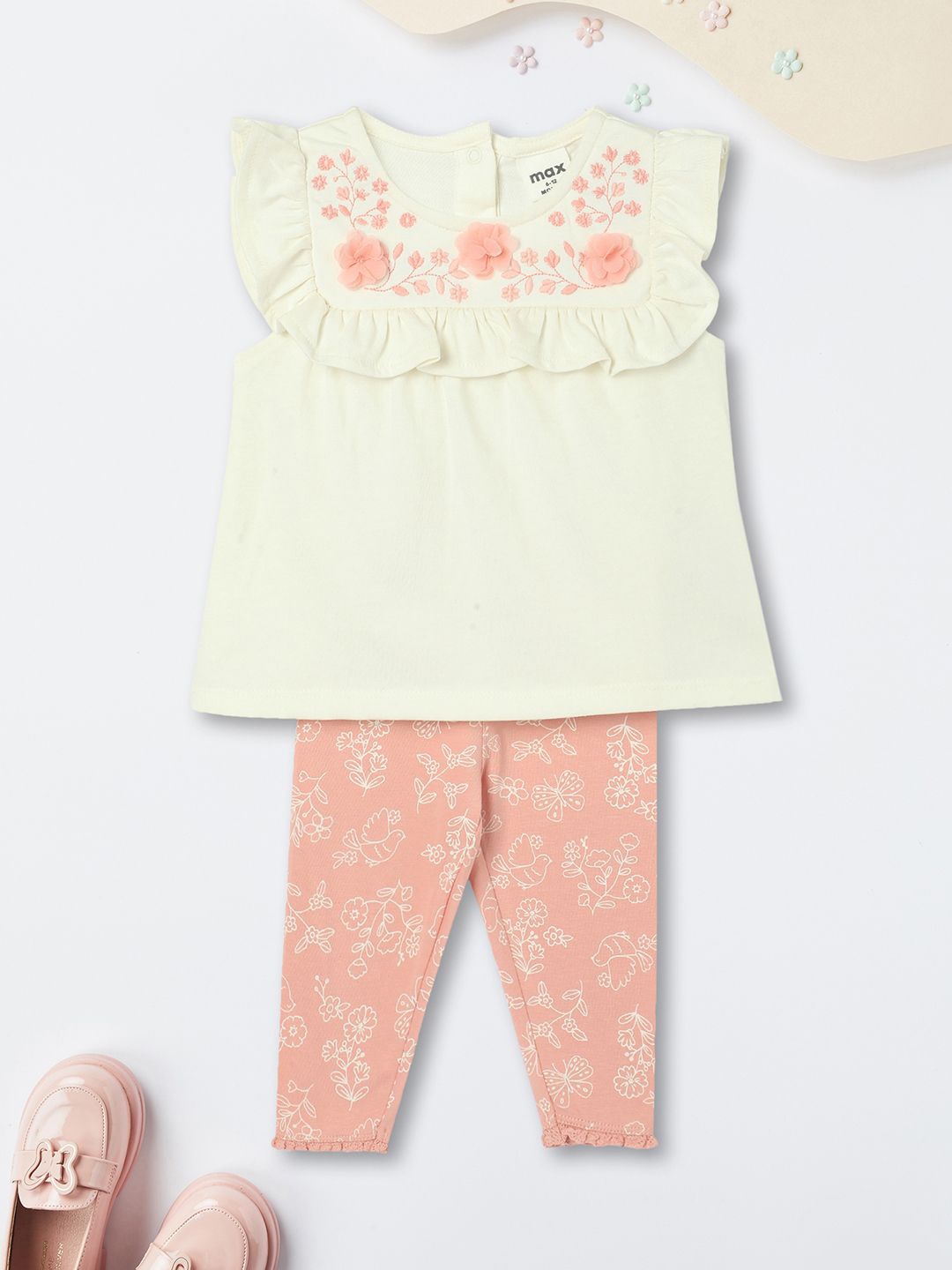 

max Infants Girls Embroidered Pure Cotton Top with Trousers, Beige