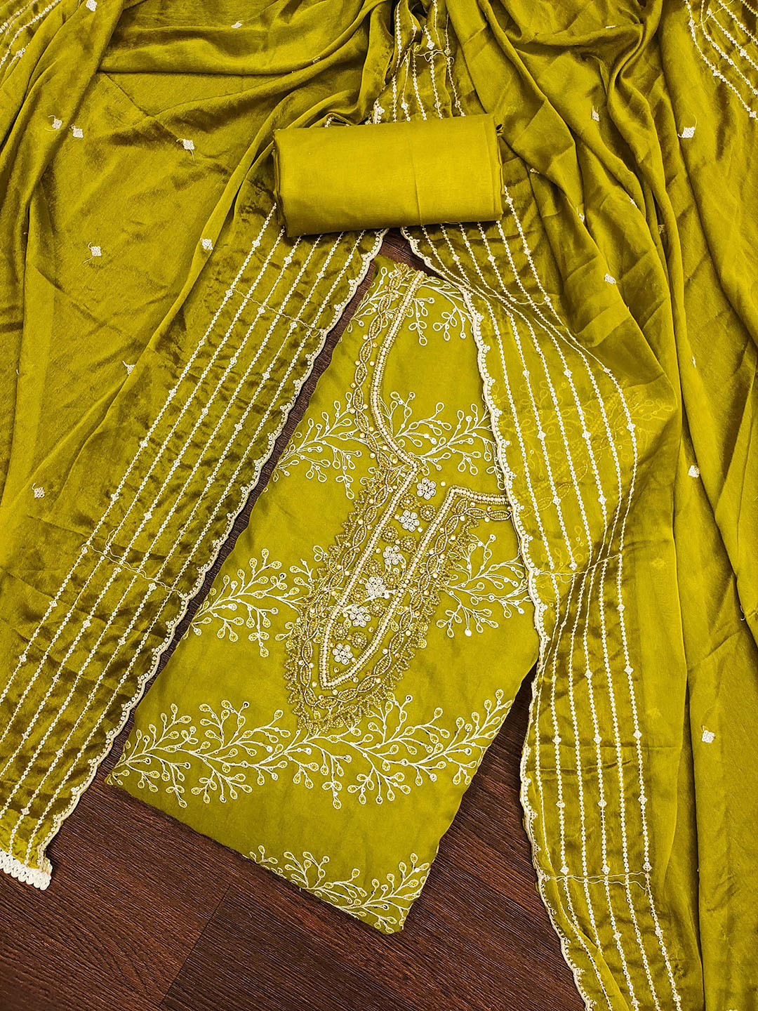 

KALINI Floral Embroidered Beads and Stones Unstitched Dress Material, Lime green