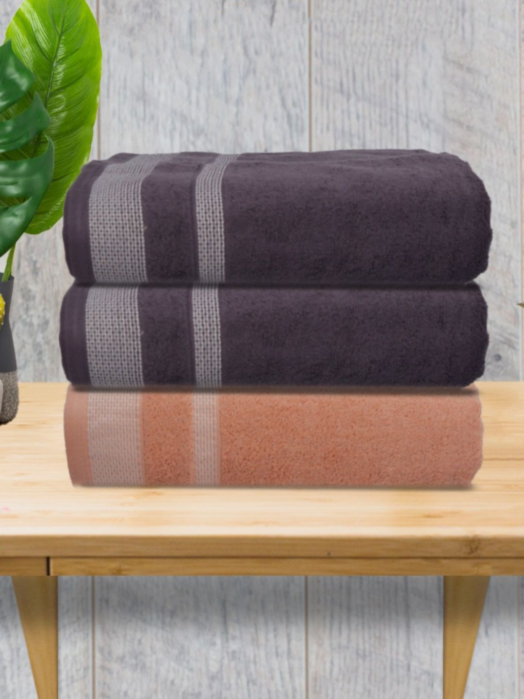 

Aura Grey & Peach-Coloured 3 Pieces Striped Cotton 400 GSM Bath Towel