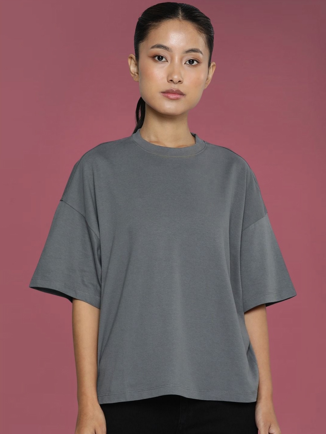 

DressBerry Women Drop-Shoulder Sleeves Boxy T-shirt, Grey