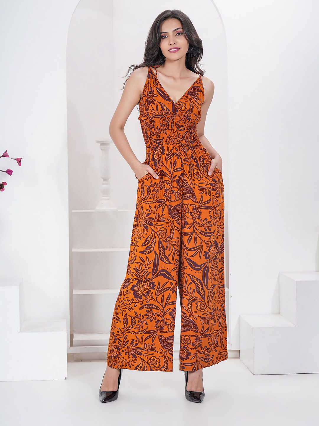 

DEBONATELLA Printed Basic Jumpsuit, Orange