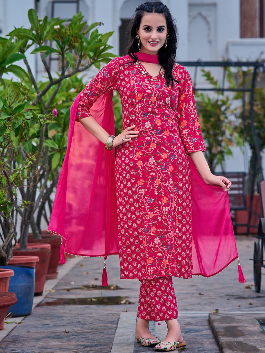 

KALINI Women Floral Printed Mirror Work Straight Kurta With Trousers & Dupatta, Pink