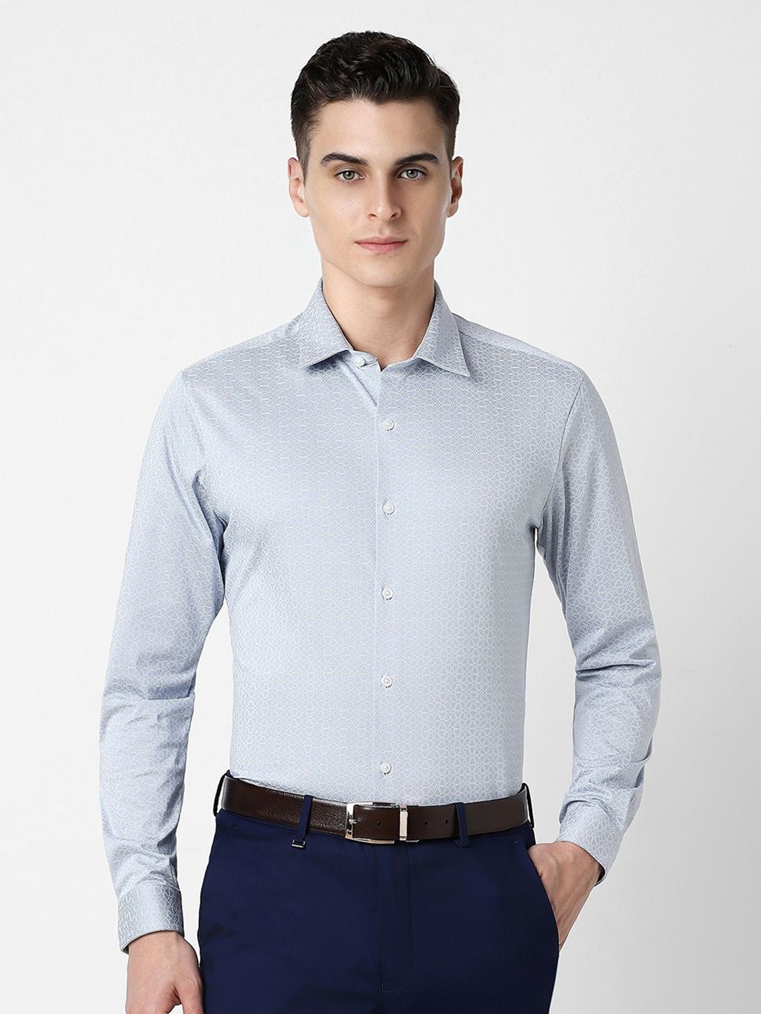 

V Dot Men Spread Collar Geometric Printed Cotton Slim Fit Party Shirt, Blue