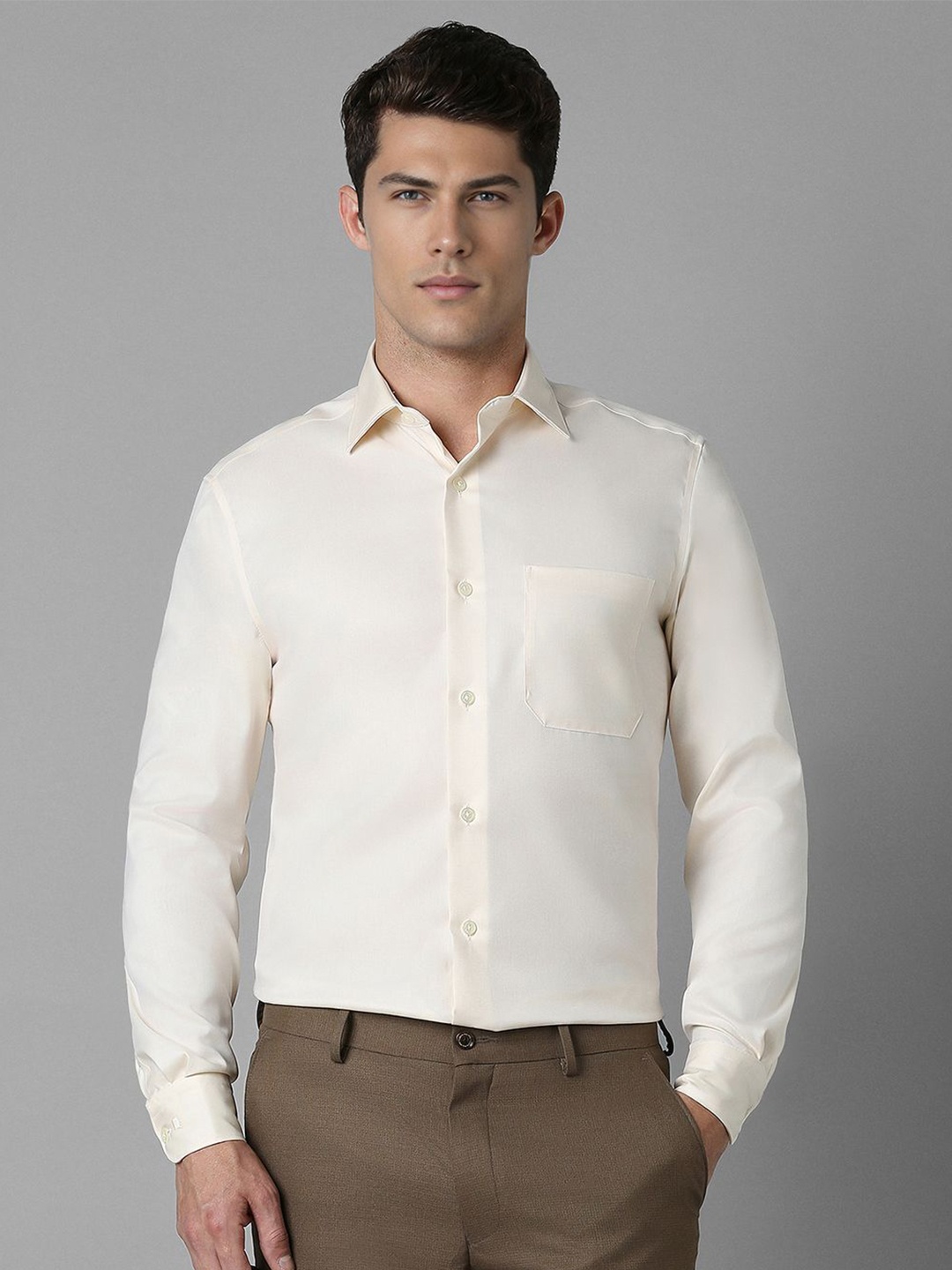 

Louis Philippe Men Classic Spread Collar Solid Cotton Formal Shirt, Cream