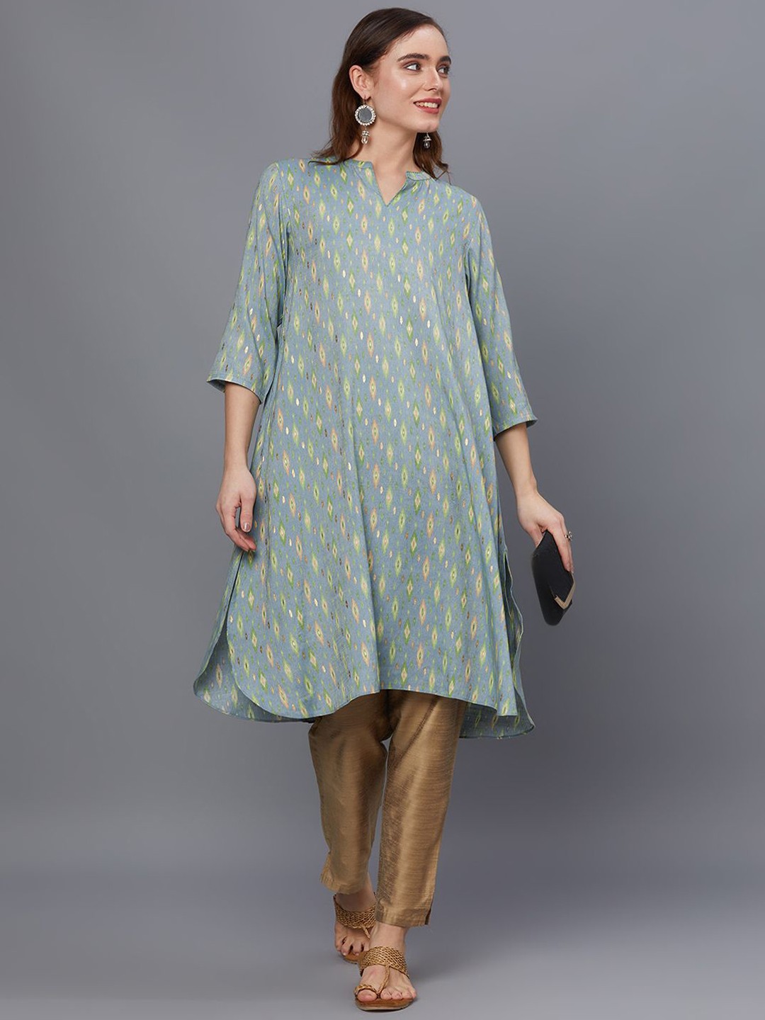 

Shree Ikat Printed Mandarin Collar A-Line Kurta, Grey