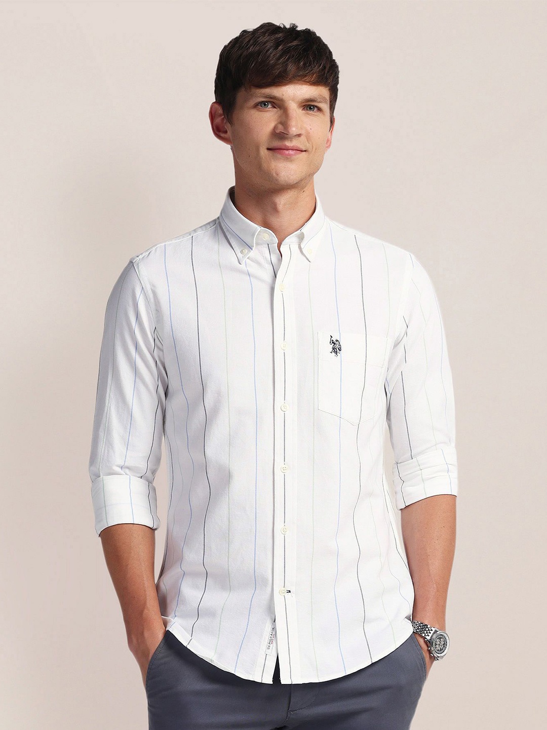 

U.S. Polo Assn. Men Classic Button-Down Collar Striped Cotton Casual Shirt, White