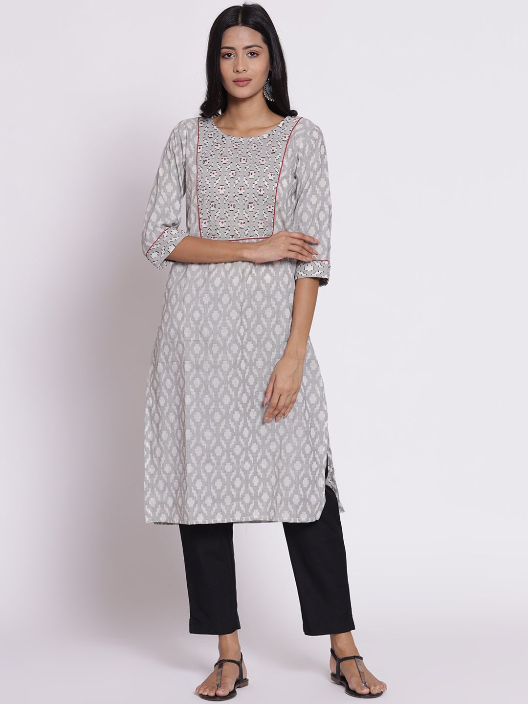 

Shree Geometric Printed Round Neck Three-Quarter Sleeves Cotton Straight Kurta, Grey
