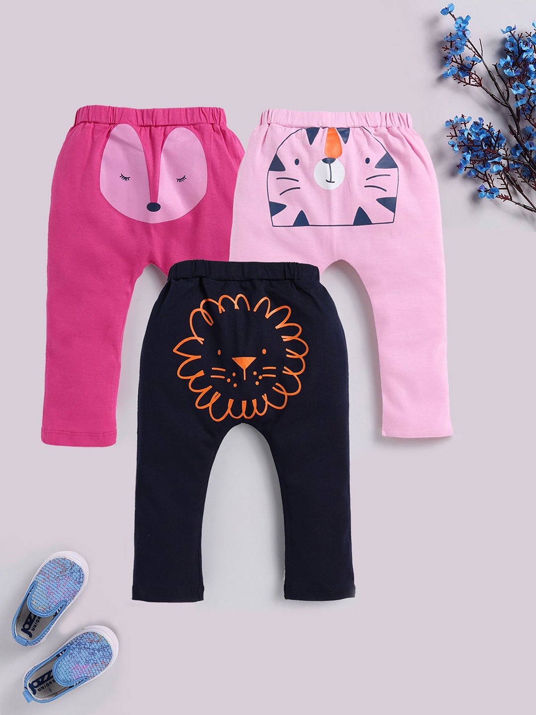 

MIMINO Infants Girls Pack Of 3 Printed Pure Cotton Ankle-Length Leggings, Black