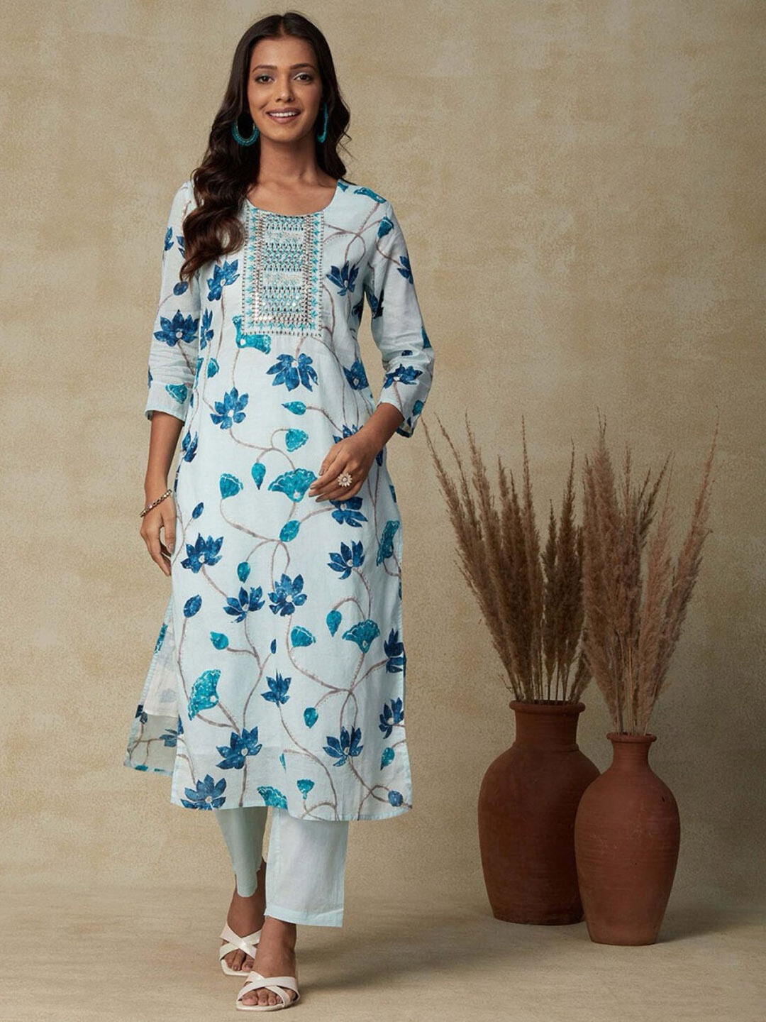 

TRAHIMAM Floral Embroidered Mirror Work Pure Cotton Kurta With Trousers & Dupatta, Sea green