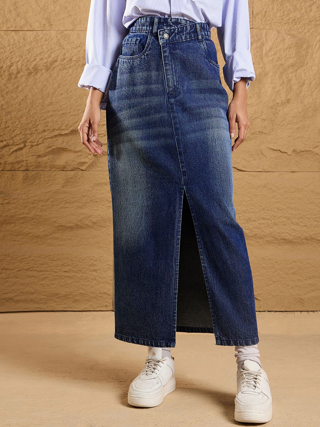 

SASSAFRAS Front Slit Denim Maxi Skirts, Blue