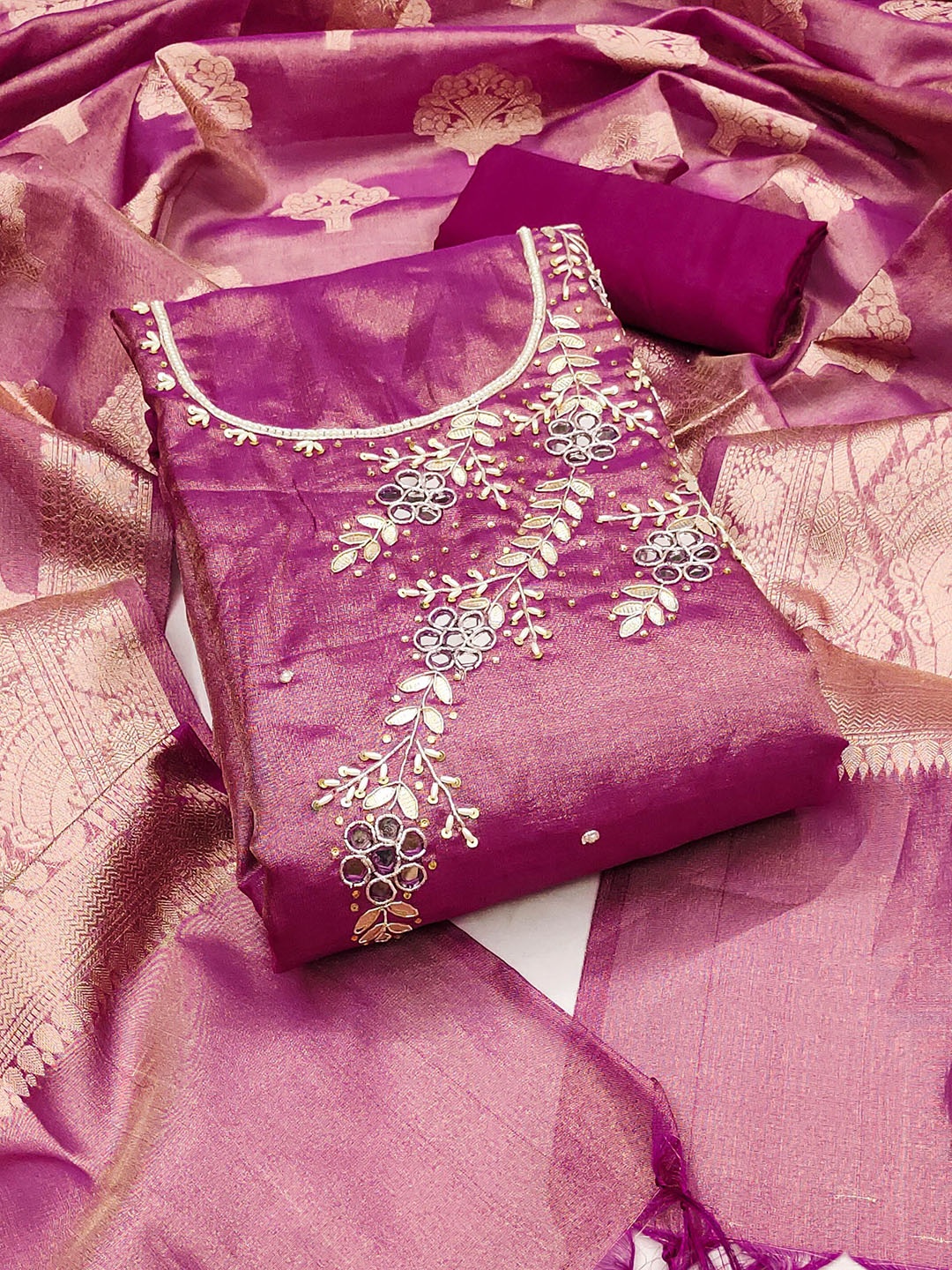 

KALINI Floral Embellished Beads and Stones Viscose Rayon Unstitched Dress Material, Burgundy