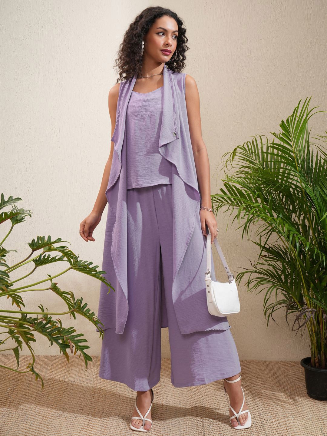 

Vishudh Lavender Shoulder Straps Top With Trousers & Shrug