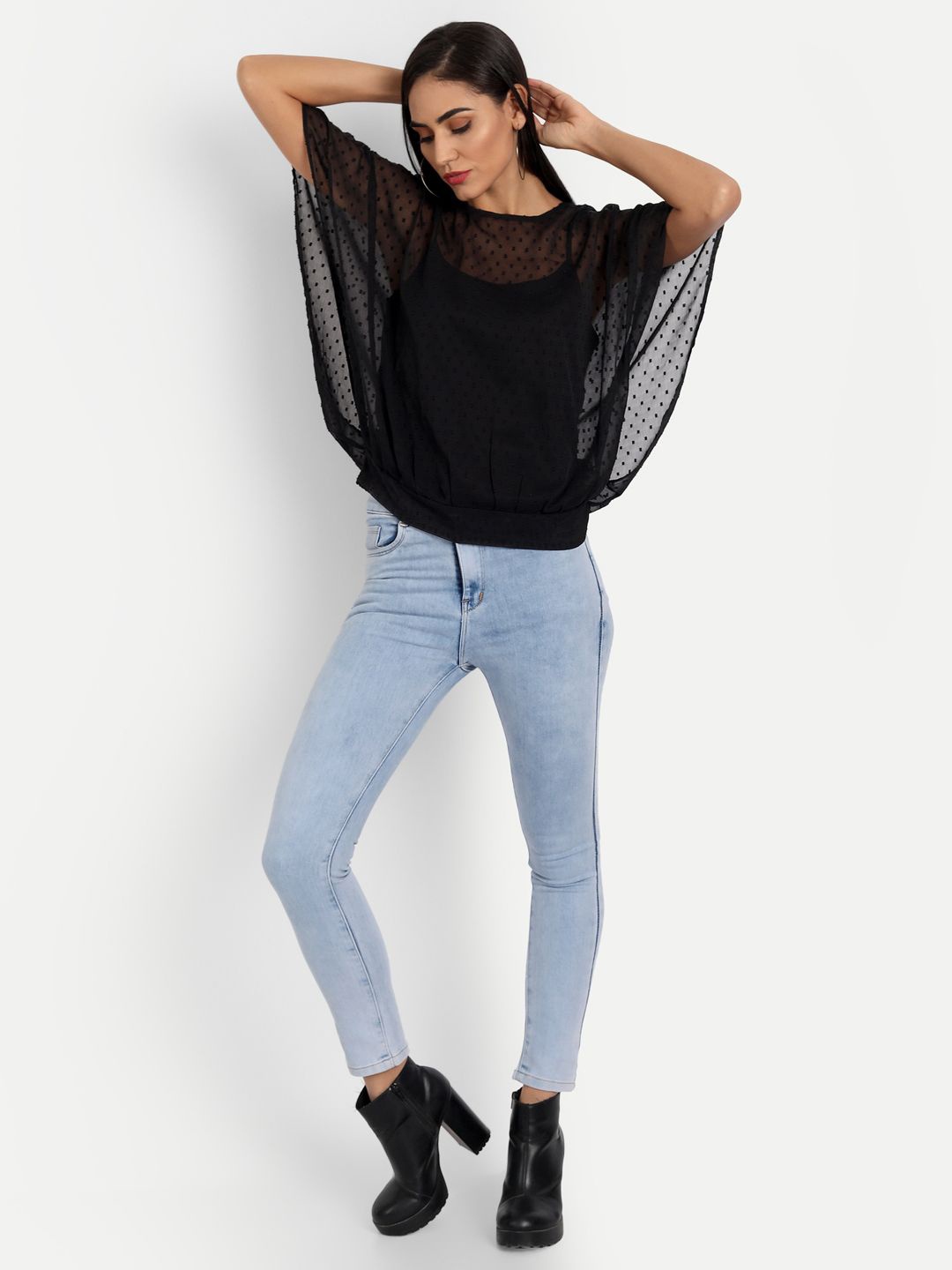 

ESSQUE Women Self Design Sheer Round Neck Top, Black