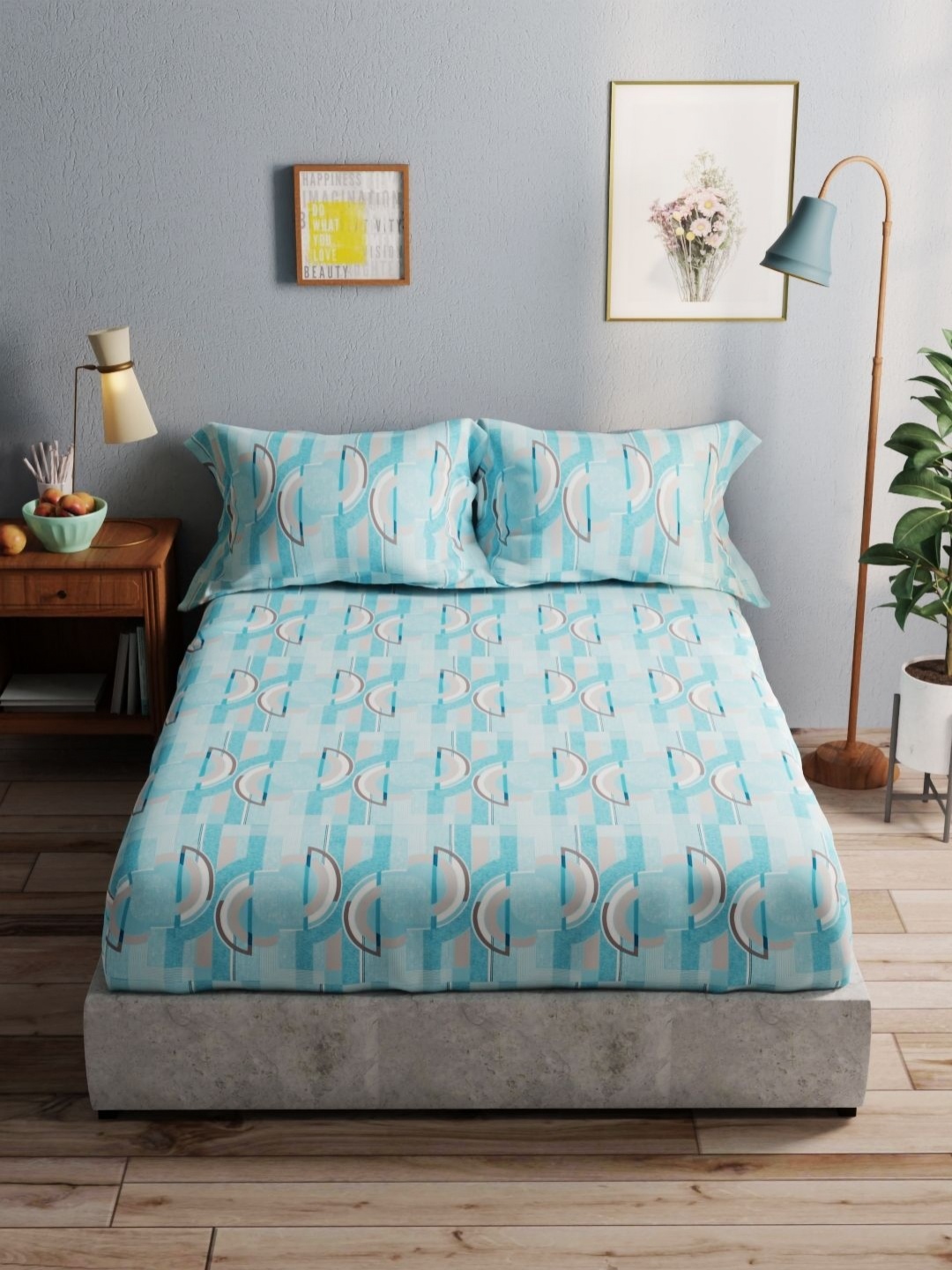 

BIANCA Amolina Blue & White Geometric 140 TC Cotton Queen Bedsheet With 2 Pillow Covers