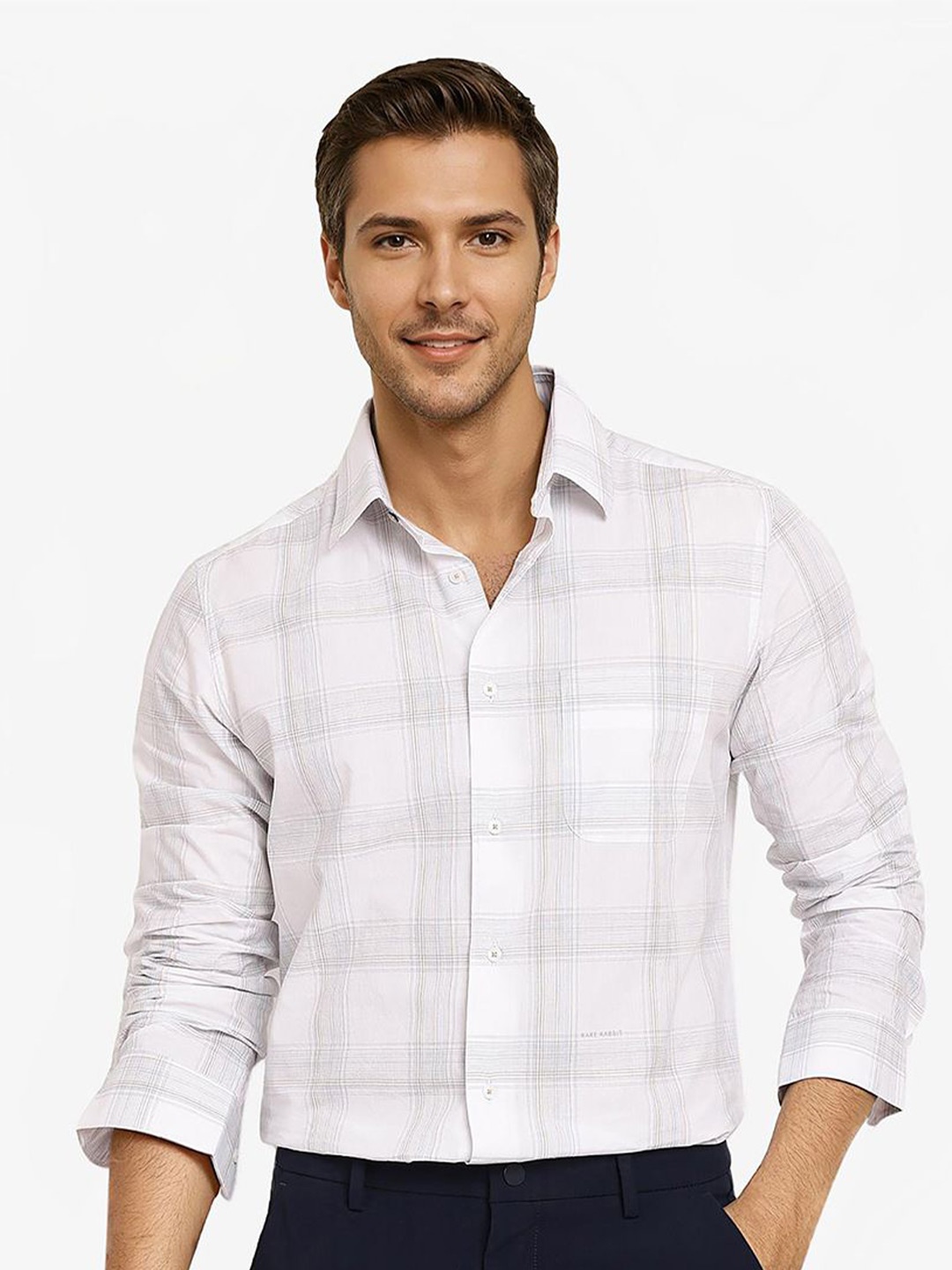 

RARE RABBIT Men Comfort Spread Collar Windowpane Checked Cotton Casual Shirt, White