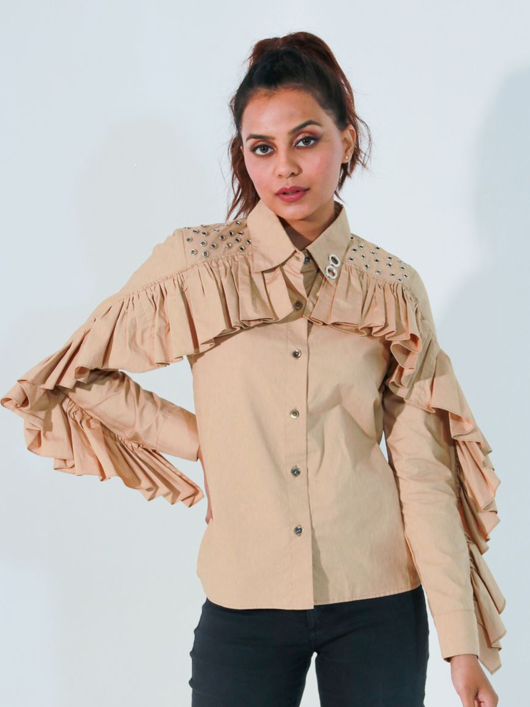 

ECHKE Women Solid Shirt Collar Cotton Top, Khaki