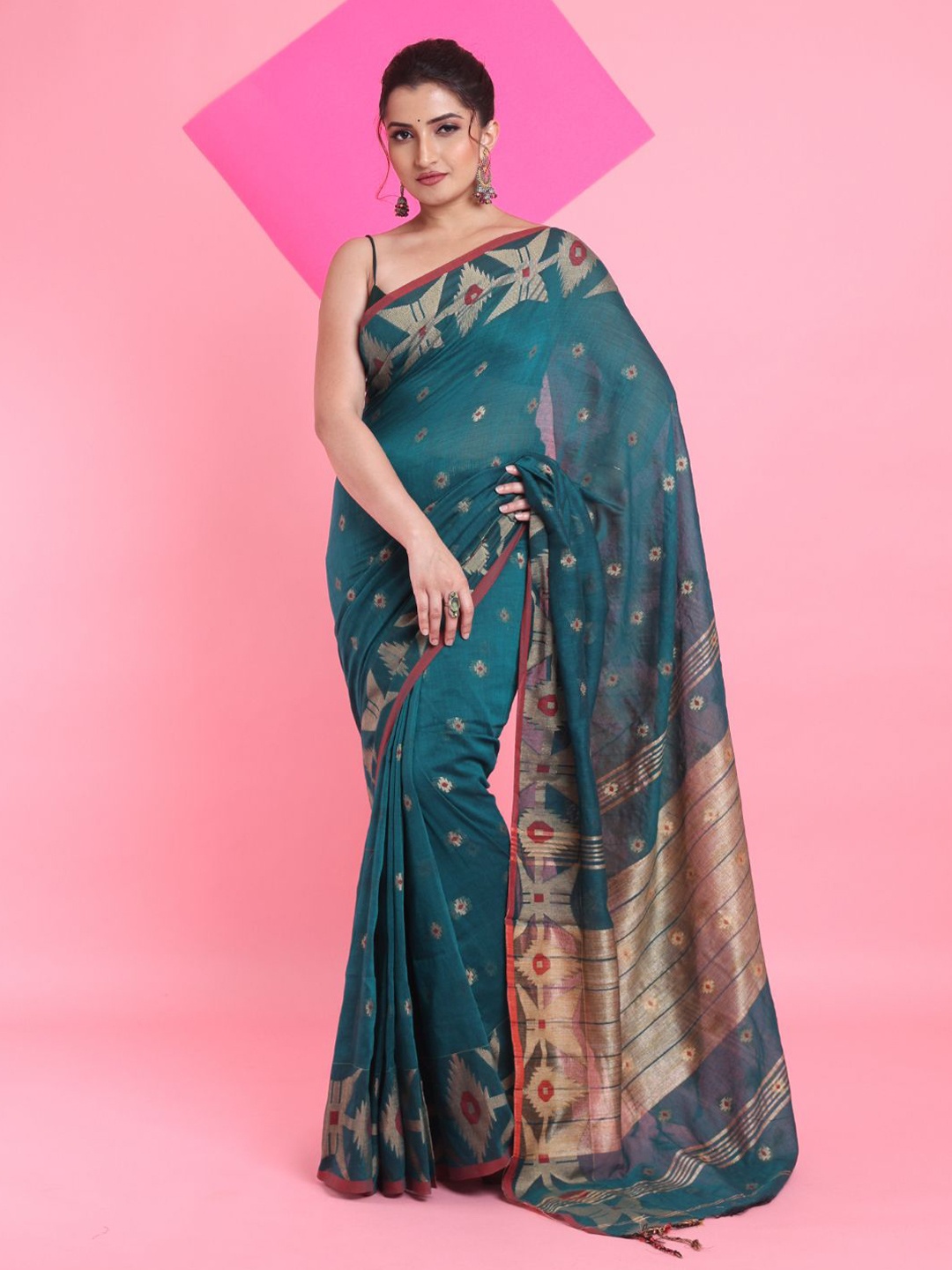 

Arhi Woven Design Zari Pure Cotton Saree, Teal