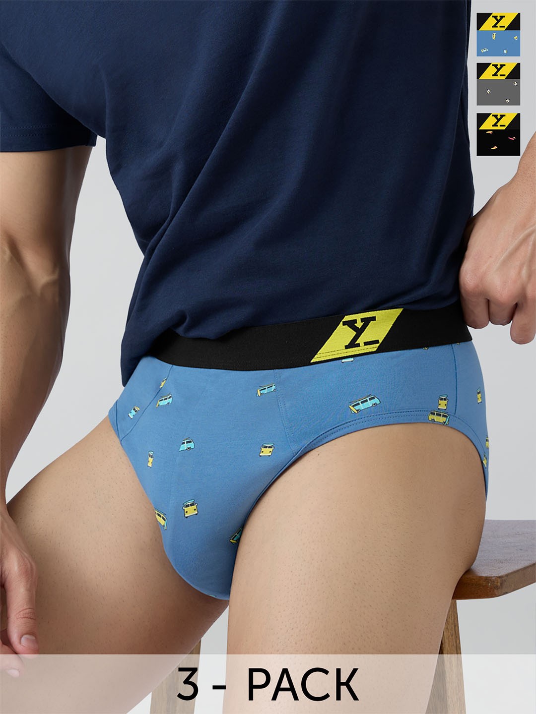 

XYXX Men Pack Of 3 Printed Cotton Basic Briefs XYBRF3PCKN889, Blue