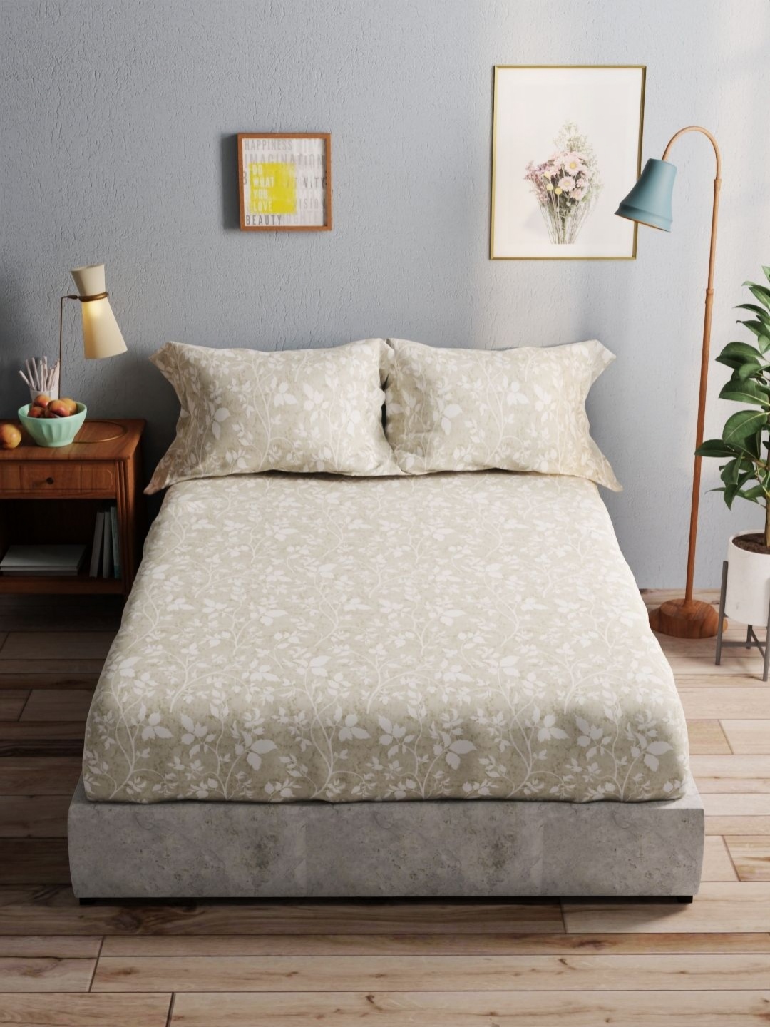 

BIANCA Grey & White Floral 140 TC Pure Cotton Queen Bedsheet with 2 Pillow Covers
