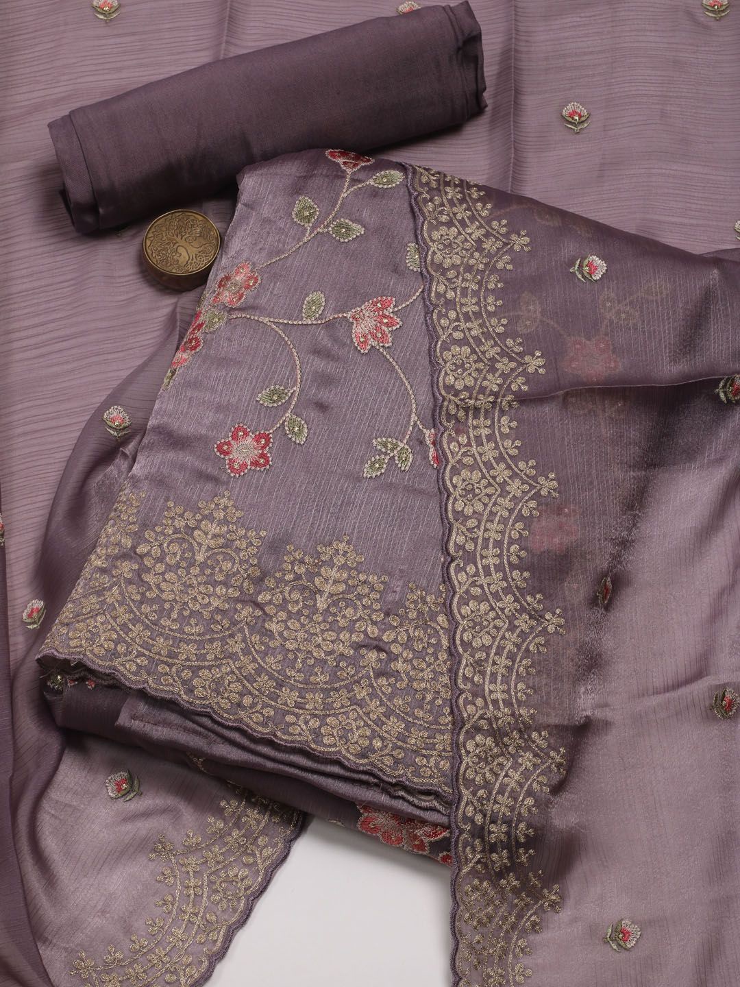 

Meena Bazaar Floral Embroidered Art Silk Unstitched Dress Material, Mauve