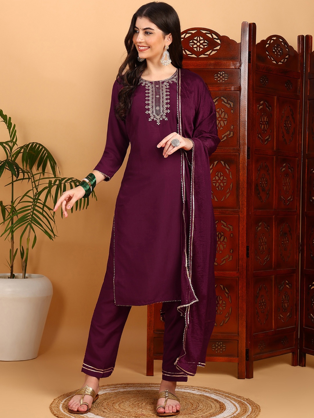 

AHIKA Burgundy Embroidered Yoke Design Straight Kurta With Trousers & Dupatta