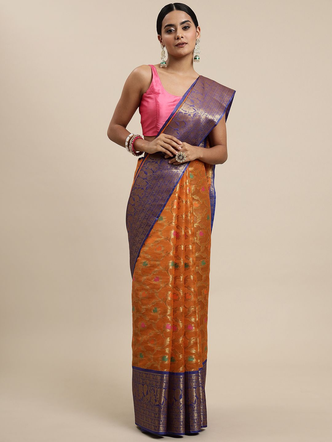 

KIMISHA Floral Zari Organza Saree, Orange