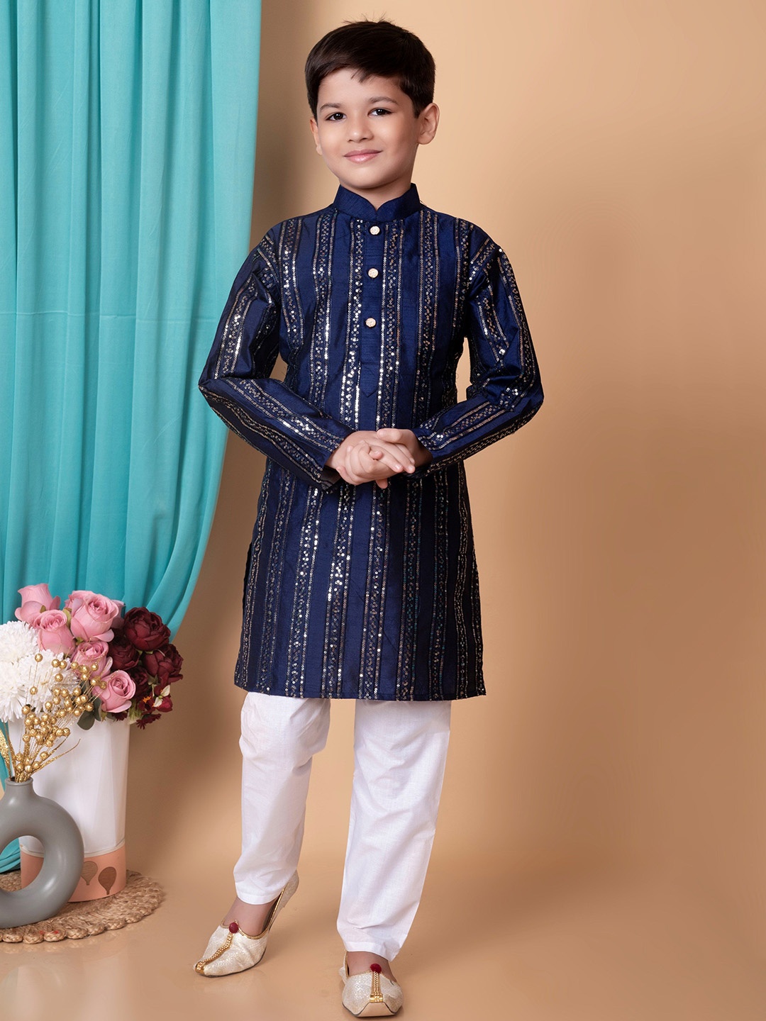 

NFC CREATION Boys Striped Sequinned Kurta with Pyjamas, Navy blue