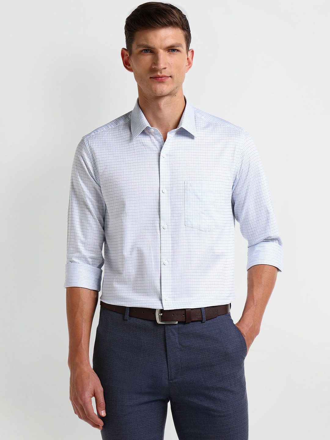 

Arrow Men Classic Spread Collar Tartan Checked Cotton Formal Shirt, Blue