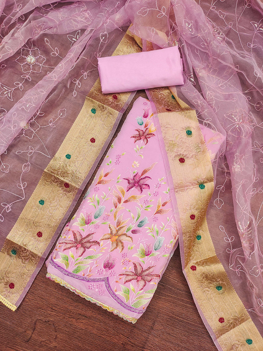 

KALINI Floral Printed Zari Organza Unstitched Dress Material, Pink