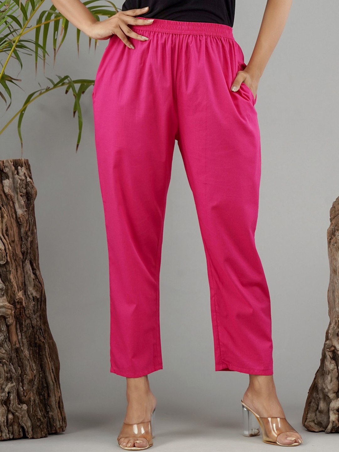 

Chaukas Women Solid Regular Fit Pure Cotton Regular Trousers, Rose