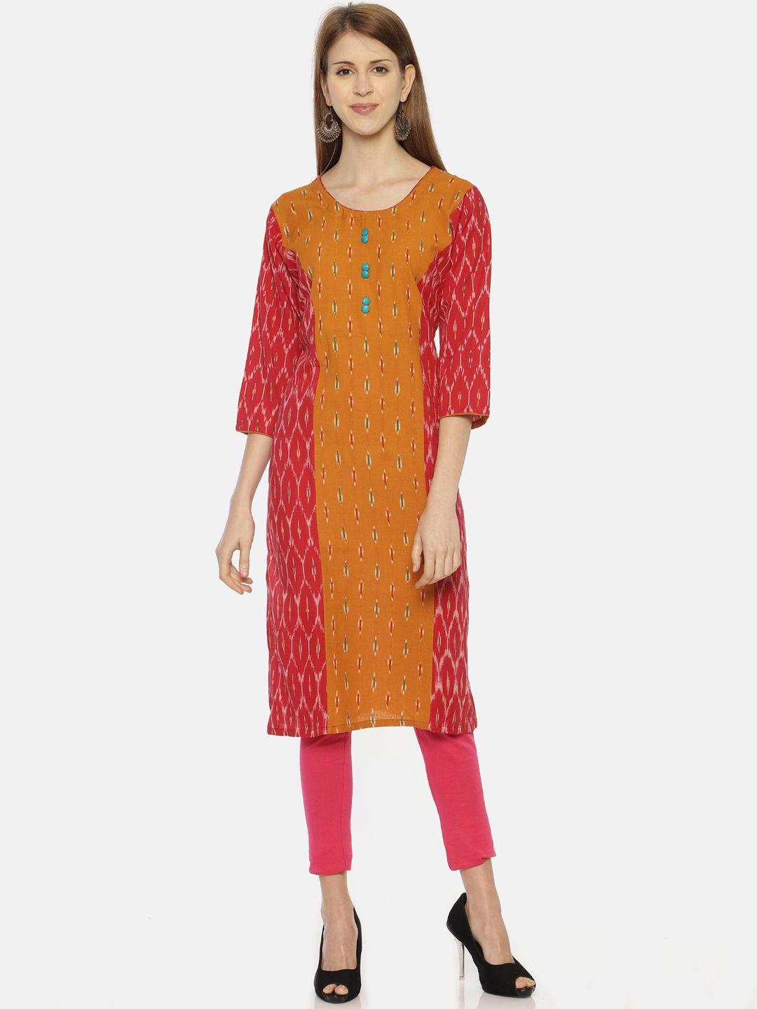 

Resha Geometric Printed Round Neck Cotton Regular Straight Kurta, Mustard