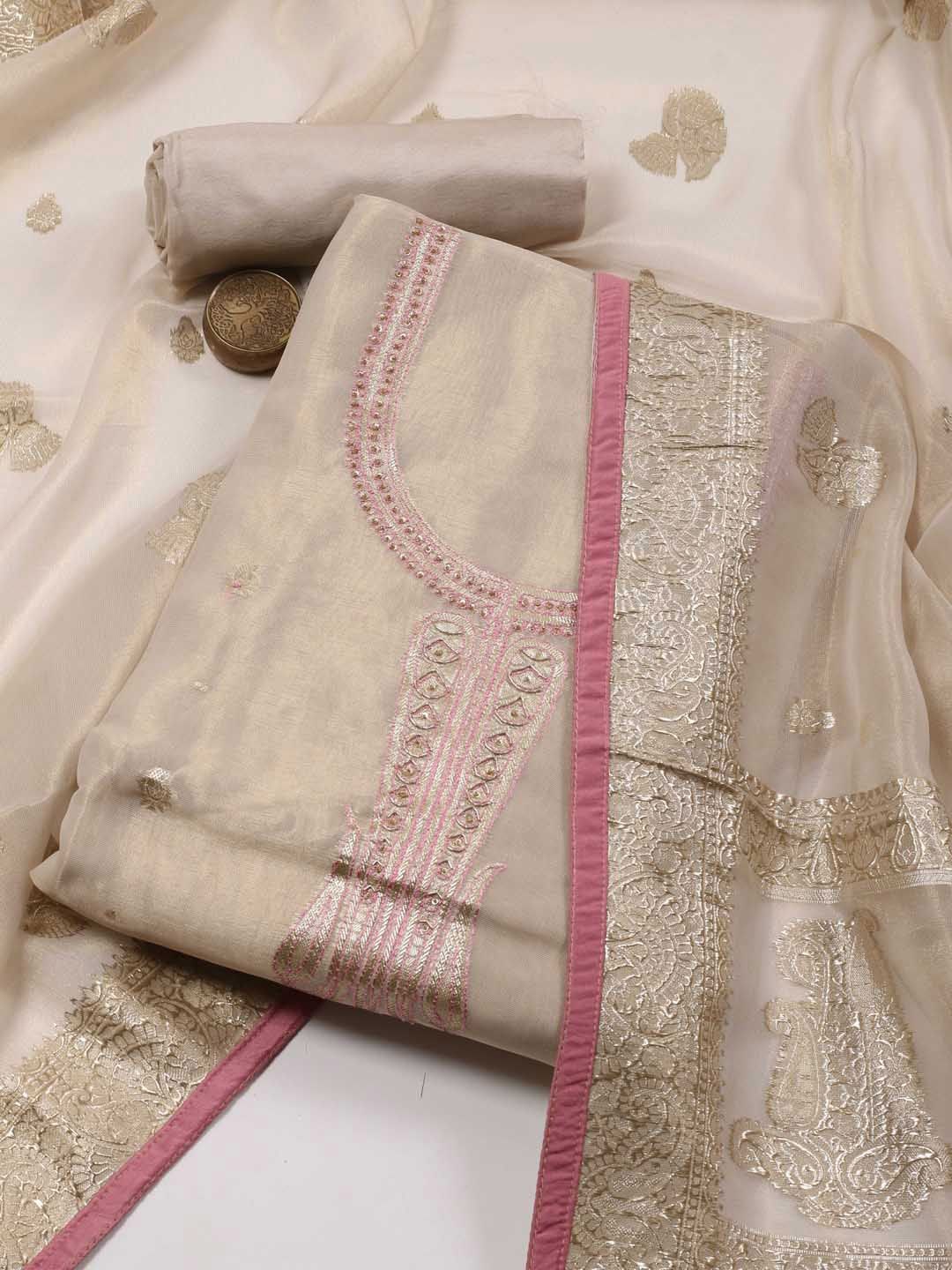 

Meena Bazaar Floral Woven Design Beads & Stones Unstitched Dress Material, Beige
