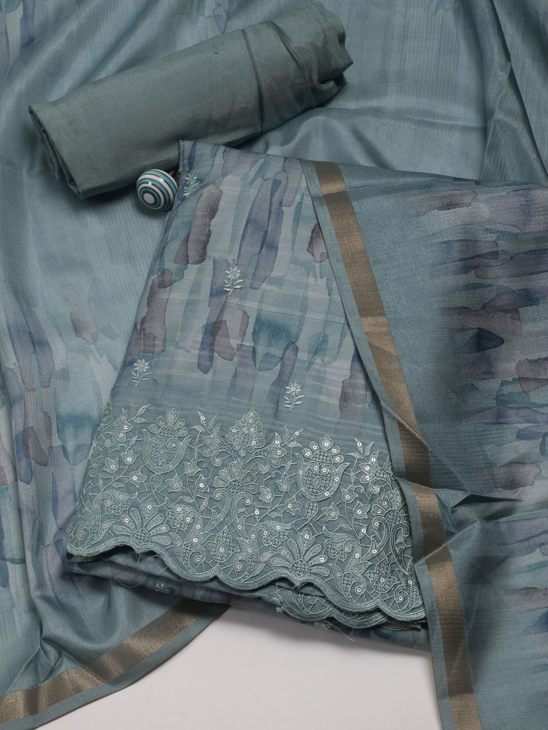 

Meena Bazaar Printed Sequinned Unstitched Dress Material, Blue