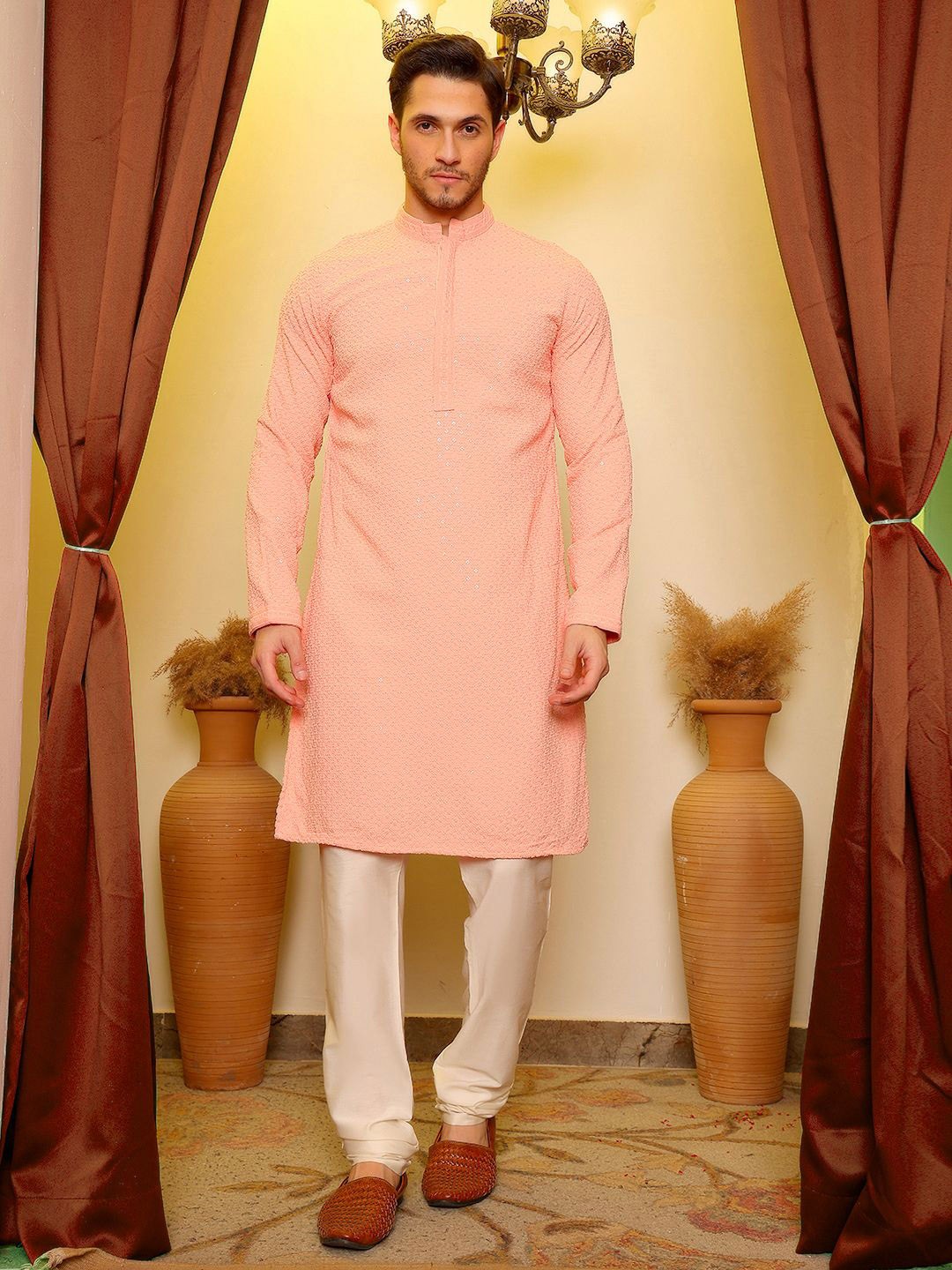 

House of Pataudi Floral Embroidered Chikankari Straight Kurta, Peach
