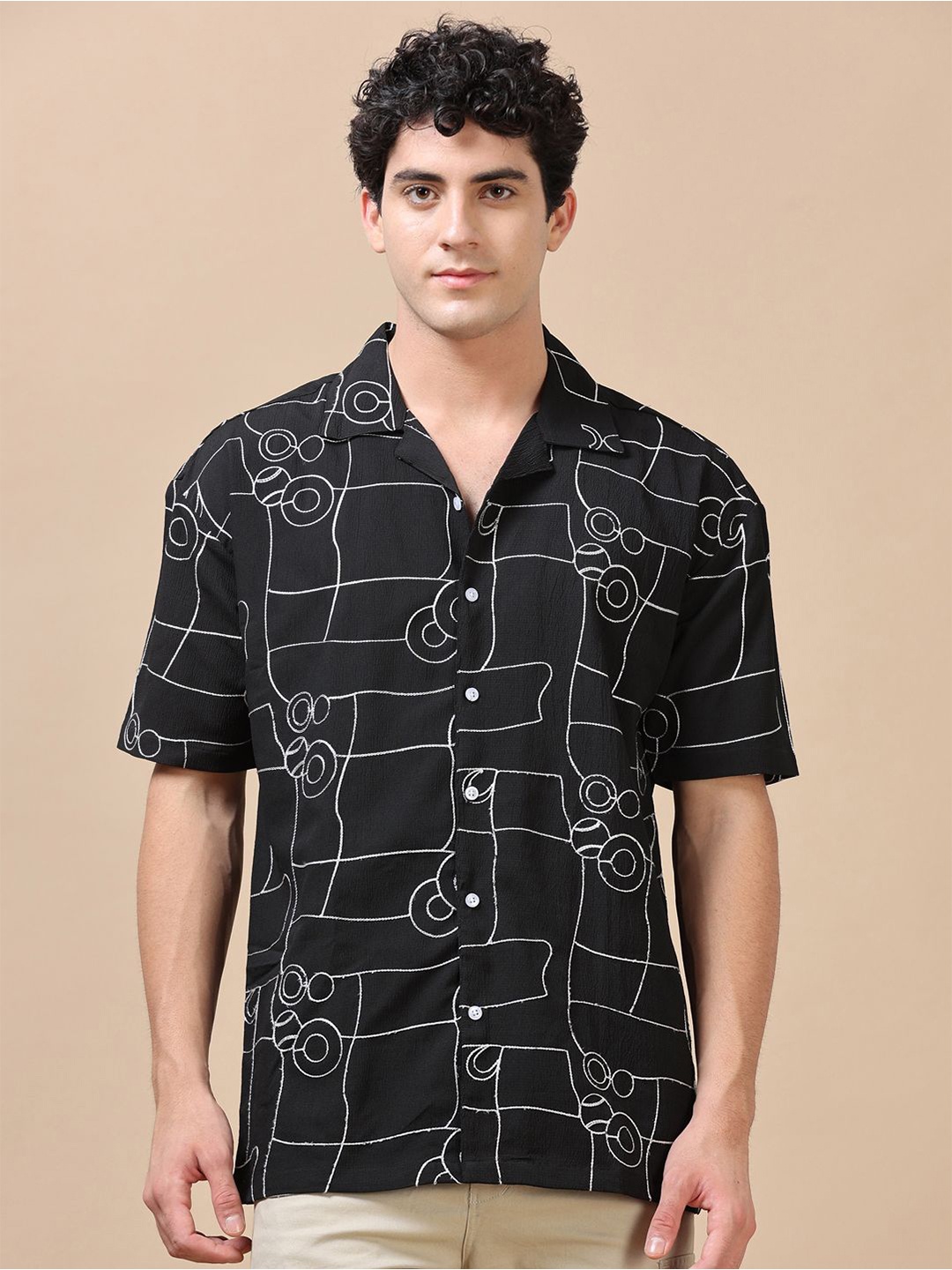 

Bushirt Men Classic Cuban Collar Geometric Printed Oversized Casual Shirt, Black