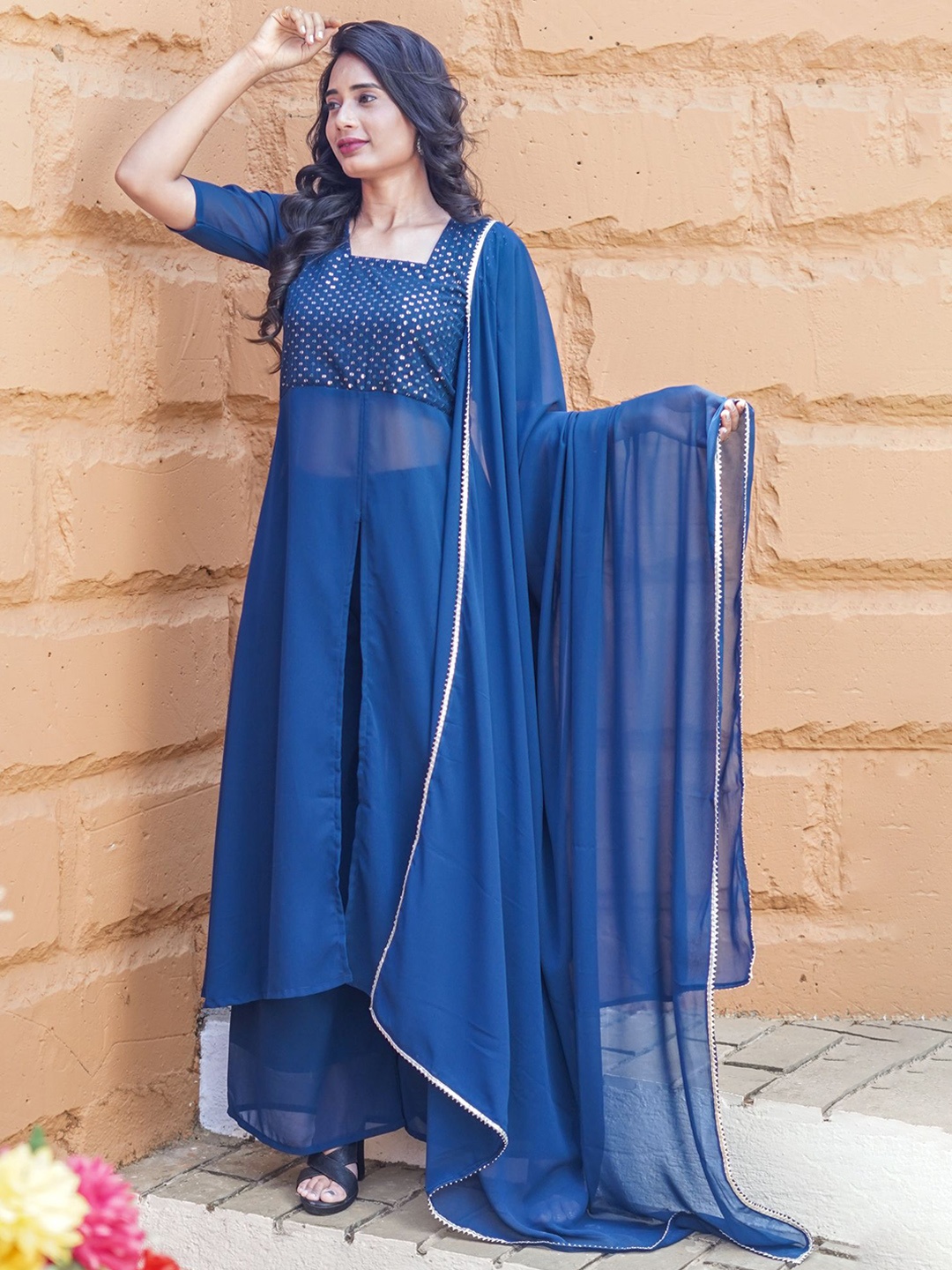 

GO BOUJEE Striped Embroidered Regular Sequin Georgette Kurta with Palazzos With Dupatta, Blue