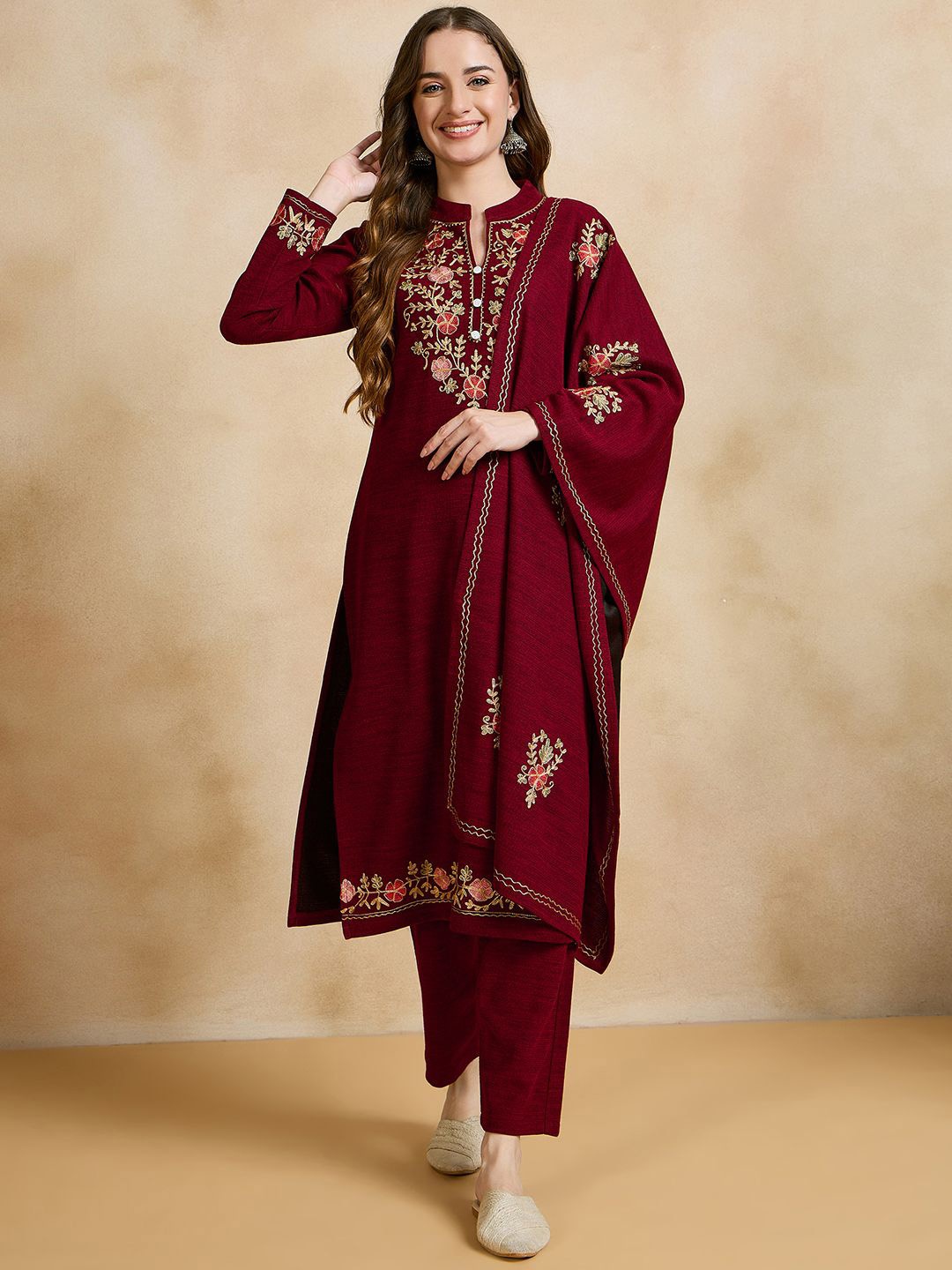 

CLAPTON Floral Embroidered Thread Work Pure Woollen Straight Kurta With Trousers & Dupatta, Maroon