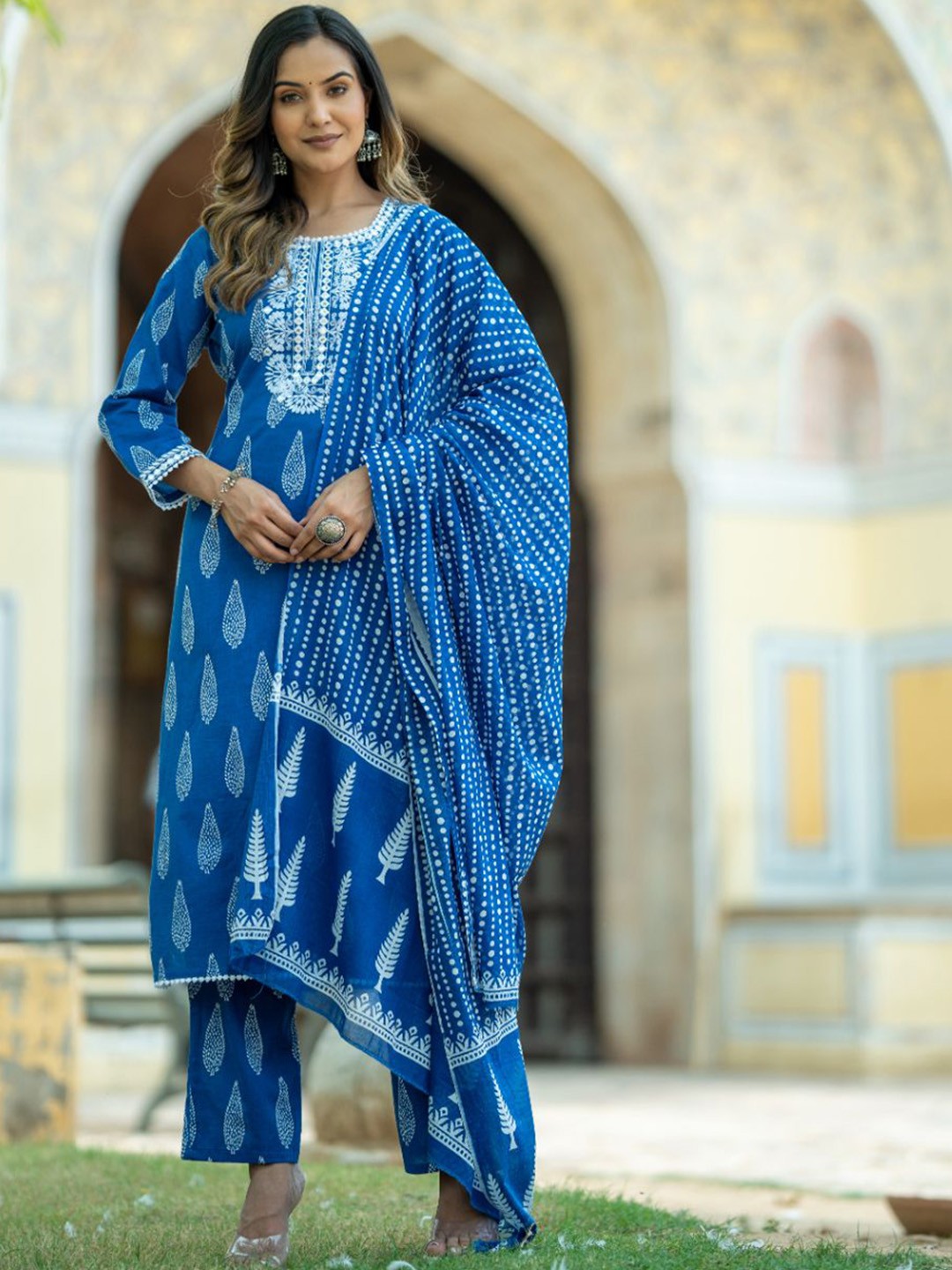 

KALINI Ethnic Motifs Embroidered Mirror Work Cotton Straight Kurta With Trousers & Dupatta, Blue