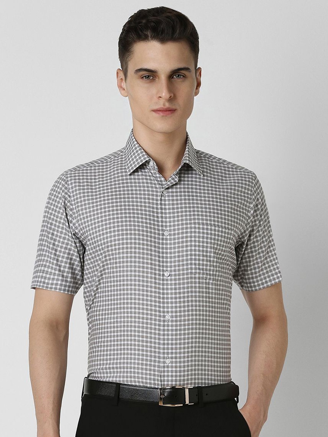 

Van Heusen Men Spread Collar Micro Checked Cotton Formal Shirt, Grey