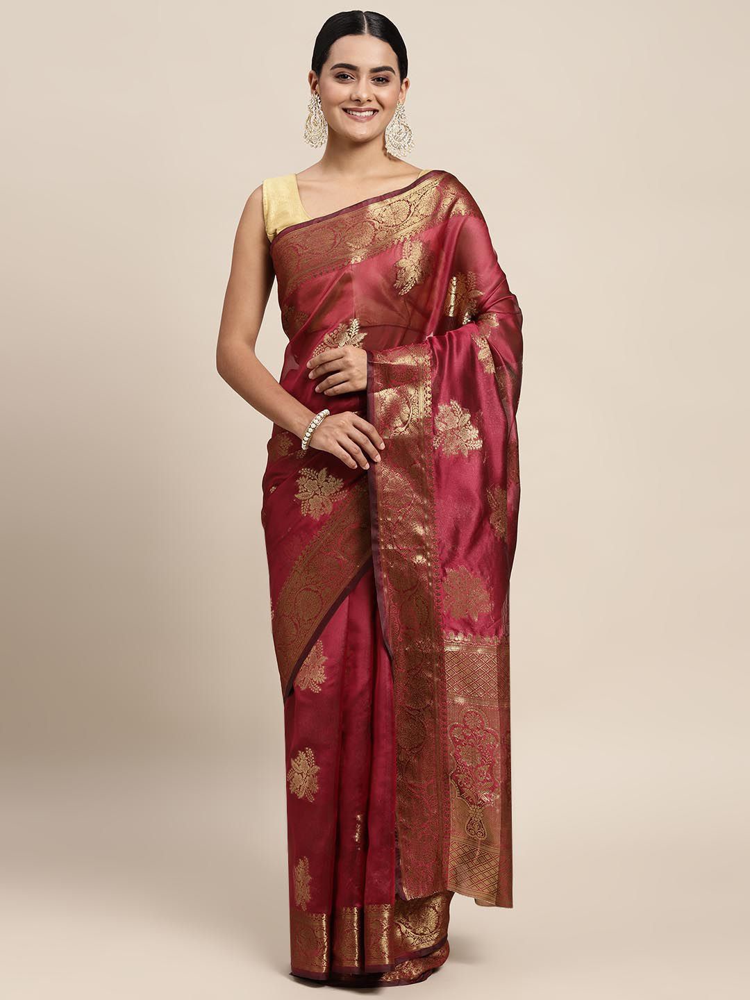 

KIMISHA Woven Design Zari Organza Kanjeevaram Saree, Maroon