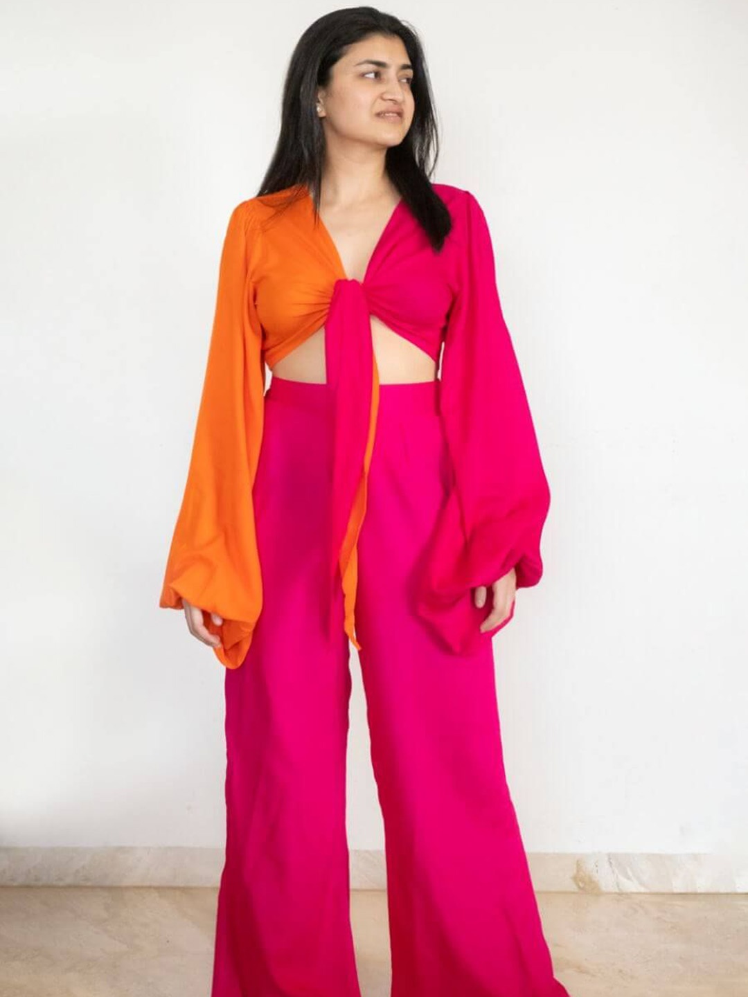 

FancyPants Mirror Colourblocked Bell Sleeves Top With Palazzo, Orange