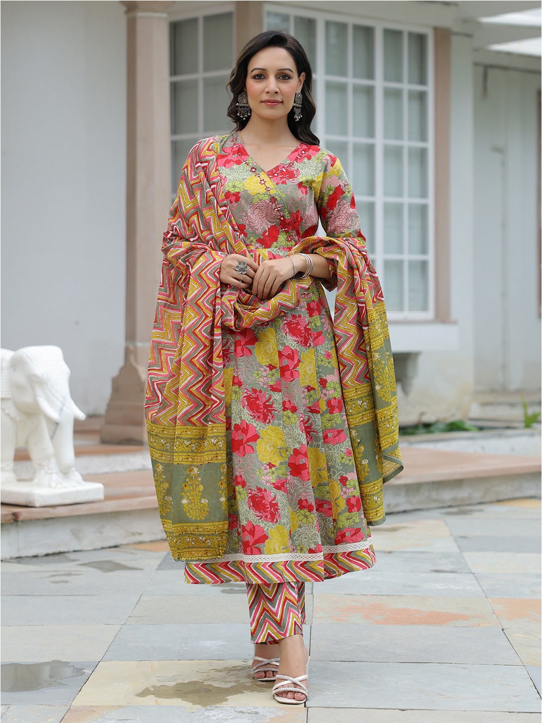 

FASHOR Women Printed Panelled Mirror Work Pure Cotton Kurta with Trousers & With Dupatta, Grey